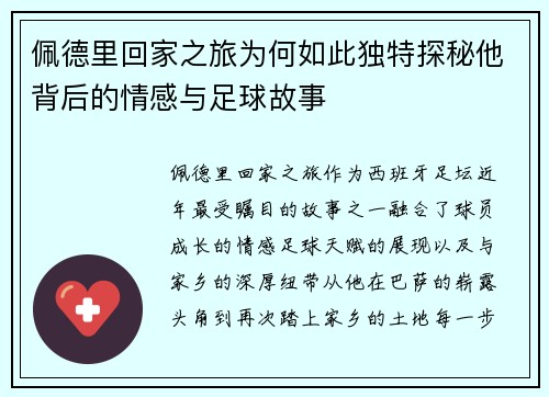 佩德里回家之旅为何如此独特探秘他背后的情感与足球故事