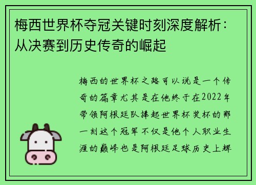 梅西世界杯夺冠关键时刻深度解析：从决赛到历史传奇的崛起