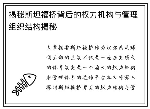 揭秘斯坦福桥背后的权力机构与管理组织结构揭秘